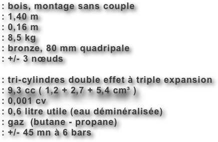 : bois, montage sans couple
: 1,40 m
: 0,16 m
: 8,5 kg
: bronze, 80 mm quadripale
: +/- 3 nœuds

: tri-cylindres double effet à triple expansion
: 9,3 cc ( 1,2 + 2,7 + 5,4 cm³ )
: 0,001 cv
: 0,6 litre utile (eau déminéralisée)
: gaz  (butane - propane)
: +/- 45 mn à 6 bars