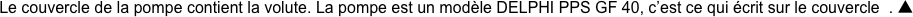 Le couvercle de la pompe contient la volute. La pompe est un modèle DELPHI PPS GF 40, c’est ce qui écrit sur le couvercle  . ▲